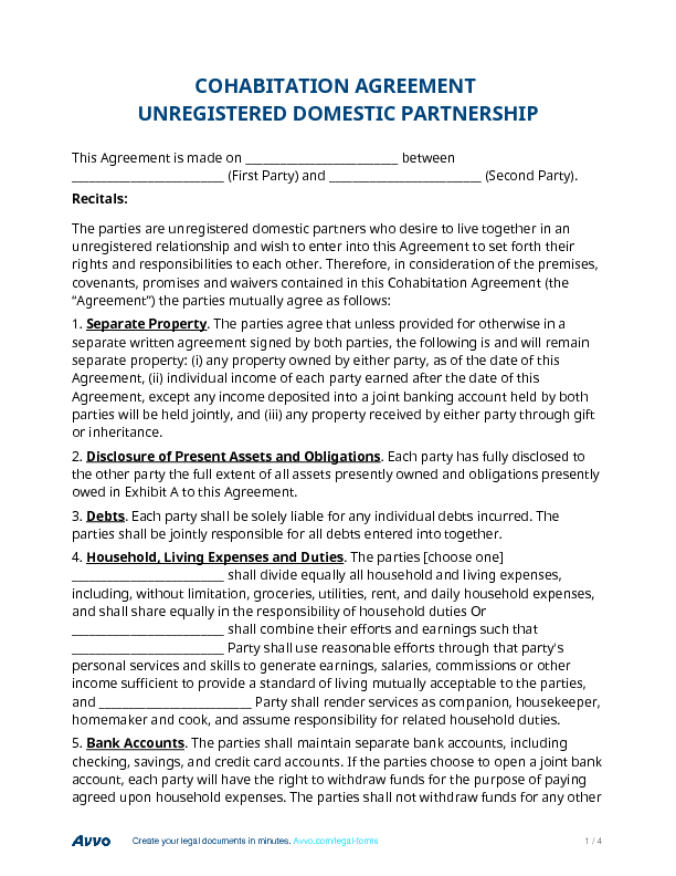 cohabitation agreement unregistered domestic partnership cohabitation agreement form