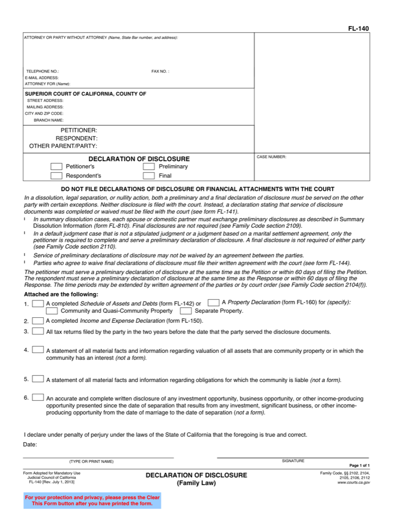 fl 140 declaration of disclosure form fl 140