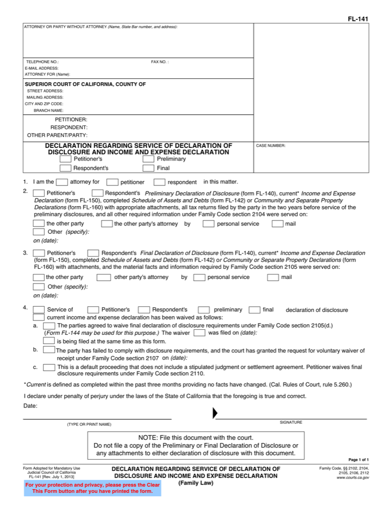 fl 141 declaration regarding service of declaration of disclosure form fl 140